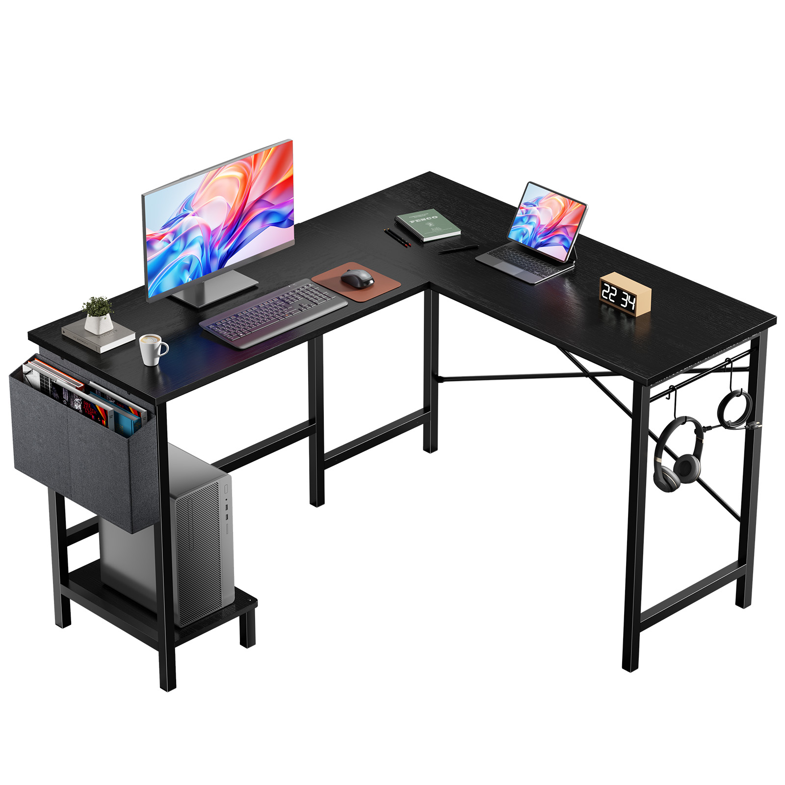 Pc Gaming Center - MCQ L字型スタンディングオフィスコンピューターデスク、収納バッグとサイドフック付き、人間工学に基づいたコンピューターコーナーゲーミングデスク、ホームオフィス用PCスタンド付きワークステーション